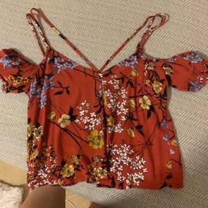 Red floral off the shoulder crop top